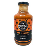 Butchers Axe Mustard BBQ Sauce 500ml bottle, front label, product only on transparent background