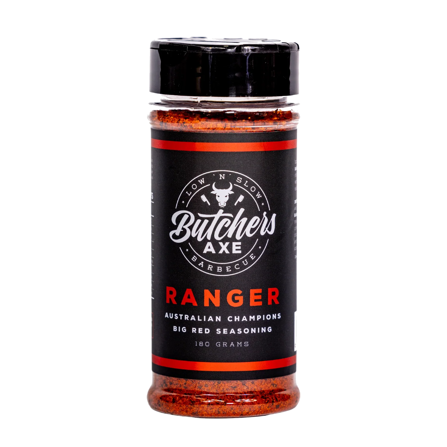 Butchers Axe Ranger Big Red sweet BBQ rub 180g shaker, front label, product only on transparent background