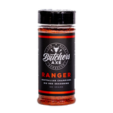 Butchers Axe Ranger Big Red sweet BBQ rub 180g shaker, front label, product only on transparent background