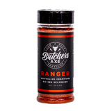 Butchers Axe Ranger Big Red sweet BBQ rub 180g shaker, front label, product only on transparent background