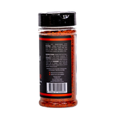 Butchers Axe Ranger red rub 180g shaker, side label detail, transparent background