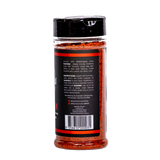 Butchers Axe Ranger red rub 180g shaker, side label detail, transparent background