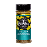 Butchers Axe Scout lemon pepper seasoning 170g shaker, front label, product only on transparent background