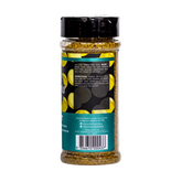 Butchers Axe Scout lemon pepper seasoning 170g shaker, side label detail, transparent background