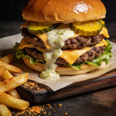 Bangin Burger Box - double smash cheeseburger with creamy burger sauce and golden zucchini pickles, seasoned chips alongside
