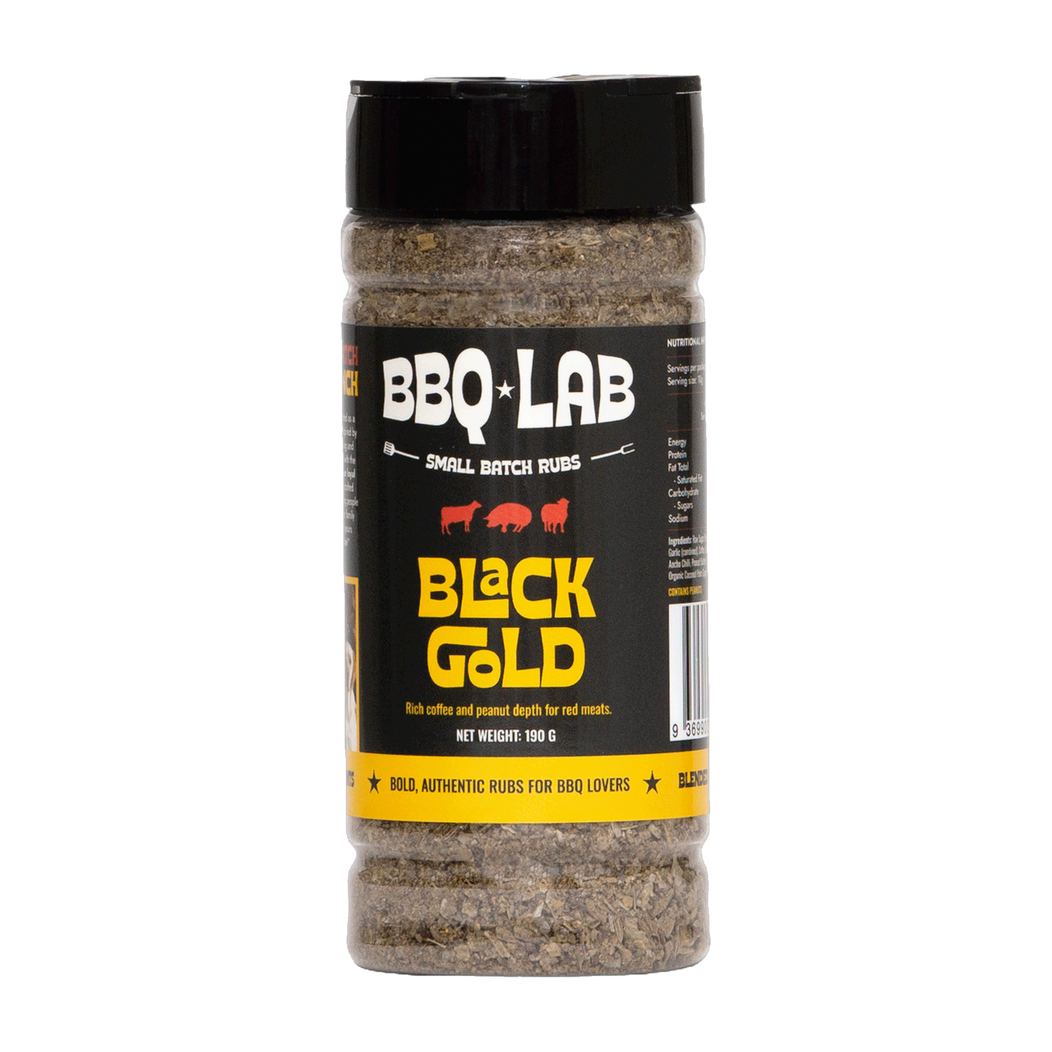 BBQ Lab Black Gold coffee & peanut butter BBQ rub 190g — front of jar, transparent background