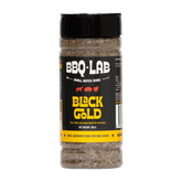 BBQ Lab Black Gold coffee & peanut butter BBQ rub 190g — front of jar, transparent background