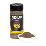 BBQ Lab Black Gold coffee & peanut butter BBQ rub — jar with a white dish of rub, transparent background
