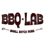 BBQ Lab barbecue brand logo, dark red 3D wordmark with a star and BBQ tools, Small Batch Rubs, on transparent background