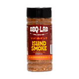 BBQ Lab Island Smoke citrus BBQ rub jar front, transparent