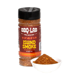 BBQ Lab Island Smoke citrus BBQ rub — jar with a white dish of rub, transparent background