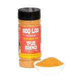 BBQ Lab True Blend seasoning salt — jar with a white dish of the blend, transparent background