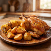 BBQ Lab True Blend seasoning salt — platter of roast potatoes, corn and roast chicken
