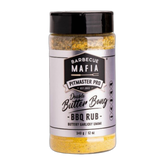 Barbecue Mafia Double Butter Bang BBQ Rub 340g all-purpose rub — front of shaker on transparent background