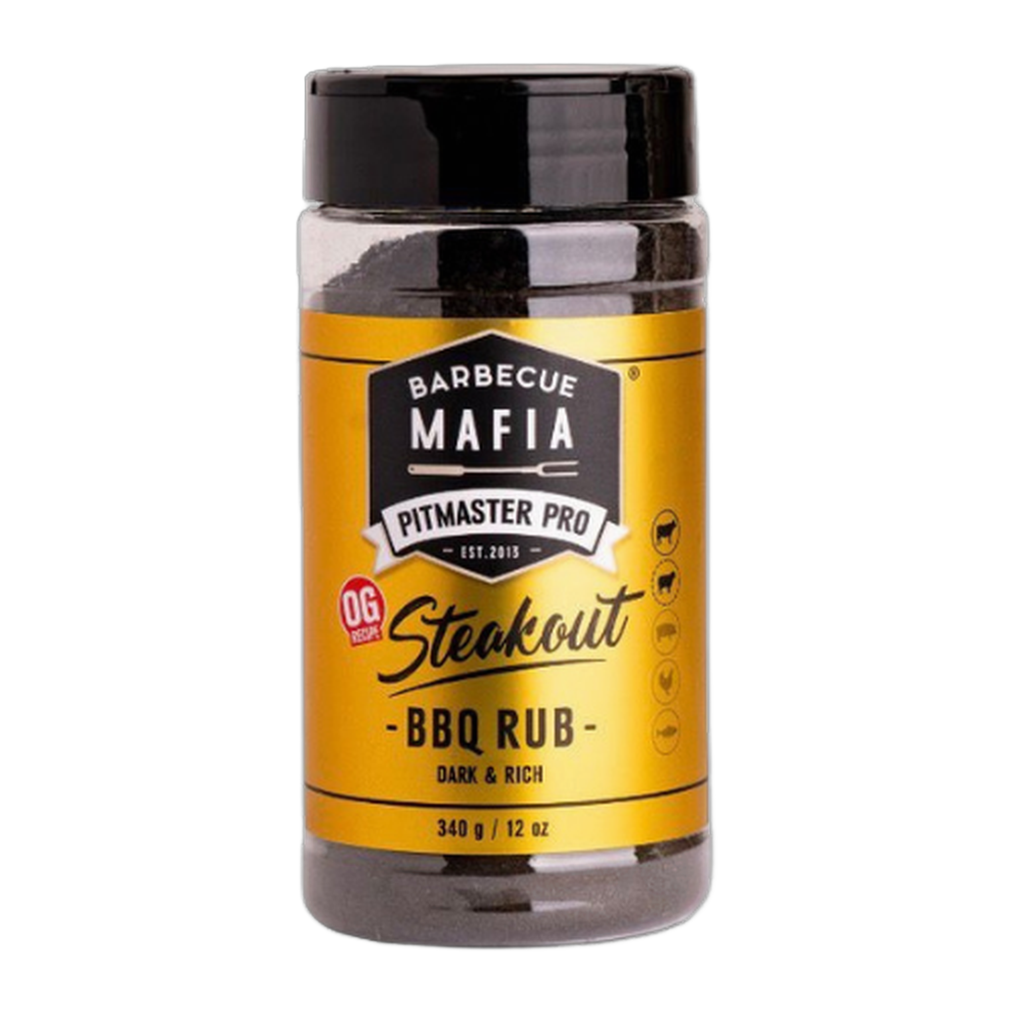 Barbecue Mafia OG Steakout BBQ Rub 340g beef rub — front of shaker on transparent background