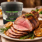 Barbecue Mafia On the Lamb BBQ Rub 2kg — carved roast leg of lamb sliced pink beside the catering tub