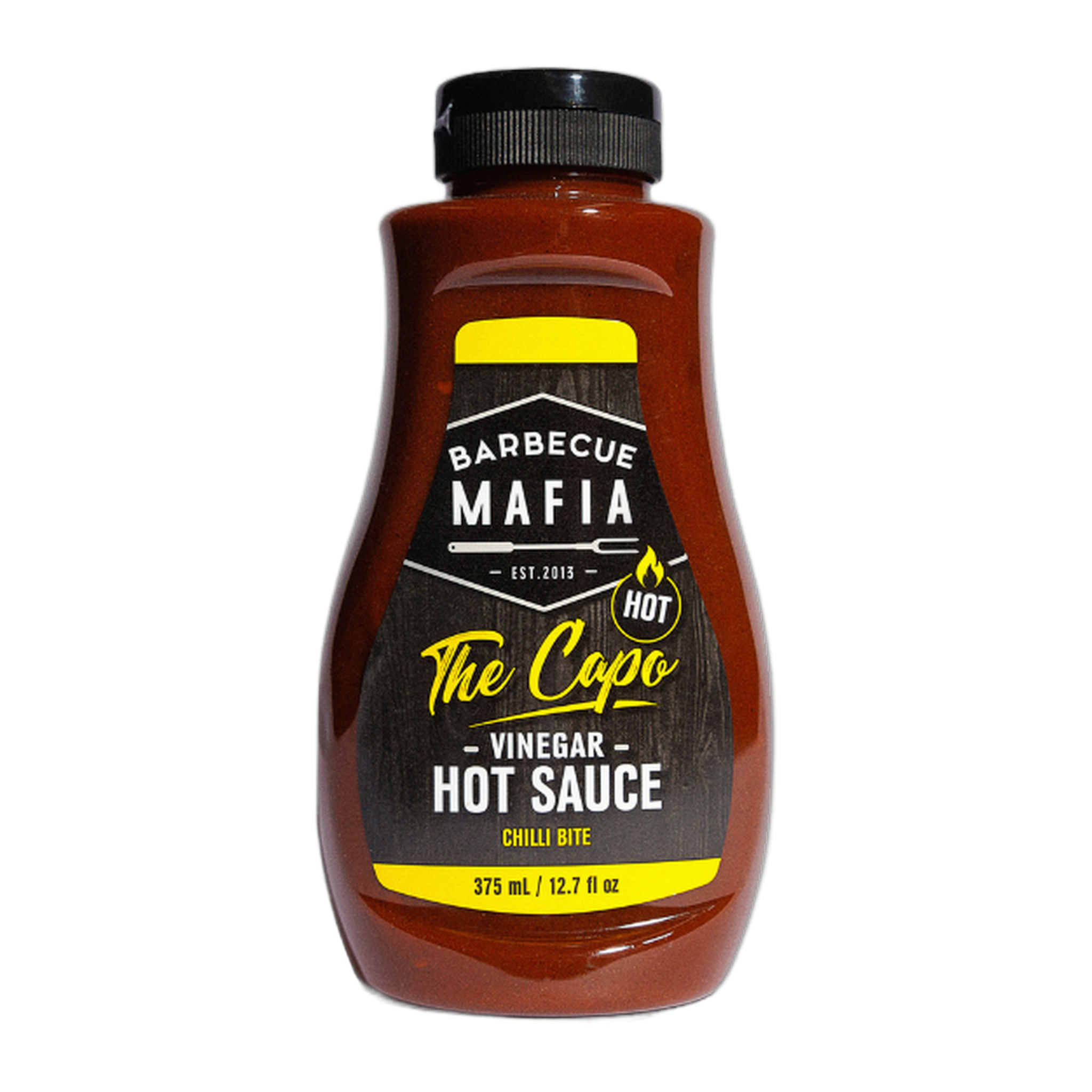 Barbecue Mafia The Capo Vinegar Hot Sauce 375ml — front of bottle on transparent background