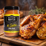 Barbecue Mafia The Snitch BBQ Rub — golden crisp-skinned grilled chicken pieces beside the pack