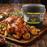 Barbecue Mafia The Snitch BBQ Rub 2kg — two whole golden smoked chickens beside the catering tub