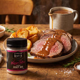Barbecue Mafia Wagyu Tallow Gravy Mix — roast beef and potatoes smothered in glossy brown gravy