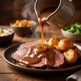 Barbecue Mafia Wagyu Tallow Gravy Mix — rich brown gravy poured over roast beef and potatoes