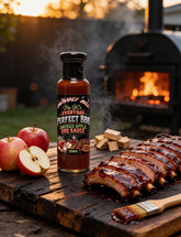 Big GC's Smoked Apple BBQ Sauce bottle on a timber board beside glazed pork spare ribs, Pink Lady apples and apple wood chunks, smoker glowing behind