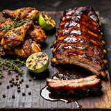 Big Jerk Energy box - sticky rum-glazed pork ribs and jerk chicken drumsticks with charred lime and thyme
