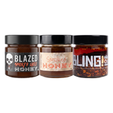 Blend Smoked Honey Bundle — Original, Blazed and Bling, three 250g jars on transparent background