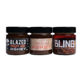 Blend Smoked Honey Bundle — Original, Blazed and Bling, three 250g jars on transparent background