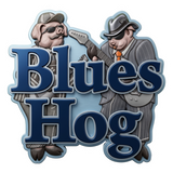 Blues Hog brand logo, two blues musician hog mascots in suits with guitar, navy on transparent background