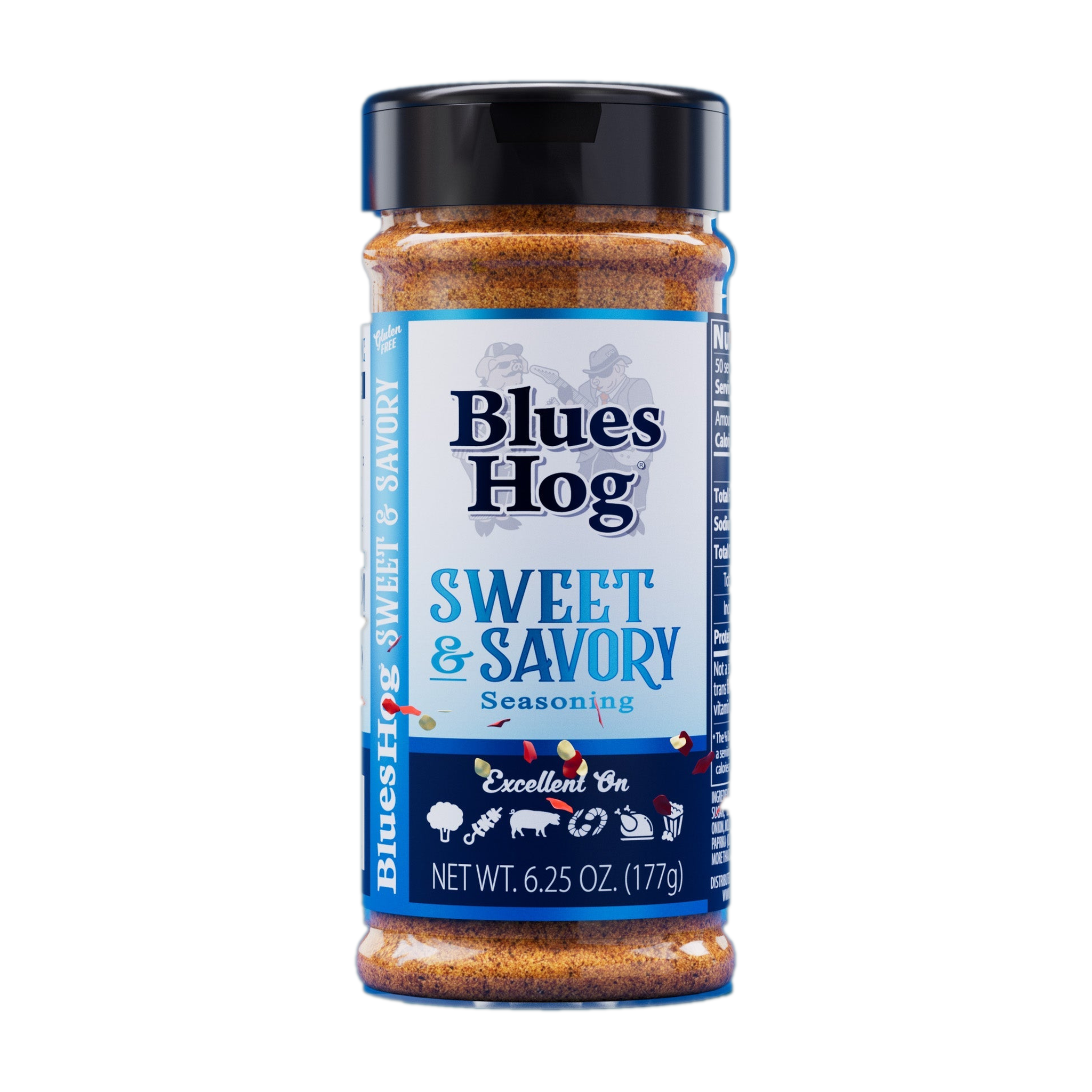 Blues Hog Sweet & Savory Seasoning 177g shaker — front label, transparent cutout