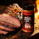 Close-up of sliced smoked brisket showing dark bark and smoke ring, seasoned with Boars Night Out BBQ Rub