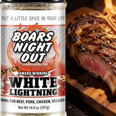 Close-up of a seared steak crusted with Boars Night Out Spicy White Lightning seasoning