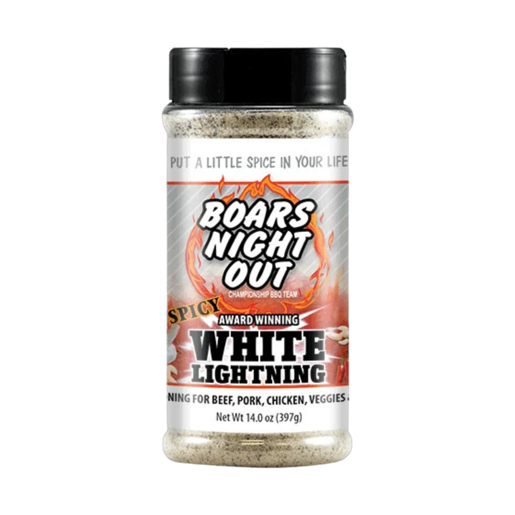 Boars Night Out Spicy White Lightning 397g shaker, transparent front view