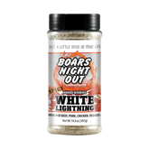 Boars Night Out Spicy White Lightning 397g shaker, transparent front view