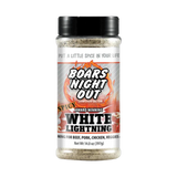 Boars Night Out Spicy White Lightning 397g shaker, transparent front view