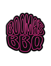 Booma's BBQ barbecue brand logo, glossy 3D black badge, hot pink lettering, on transparent background