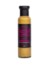 Booma's BBQ Burger Sauce 250ml — front of glass bottle on a transparent background