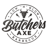 Butchers Axe barbecue brand logo, Low 'n' Slow bull head and crossed cleavers roundel in cursive script on white disc, transparent background
