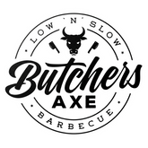 Butchers Axe barbecue brand logo, bull and cleaver roundel, black with white halo on transparent background