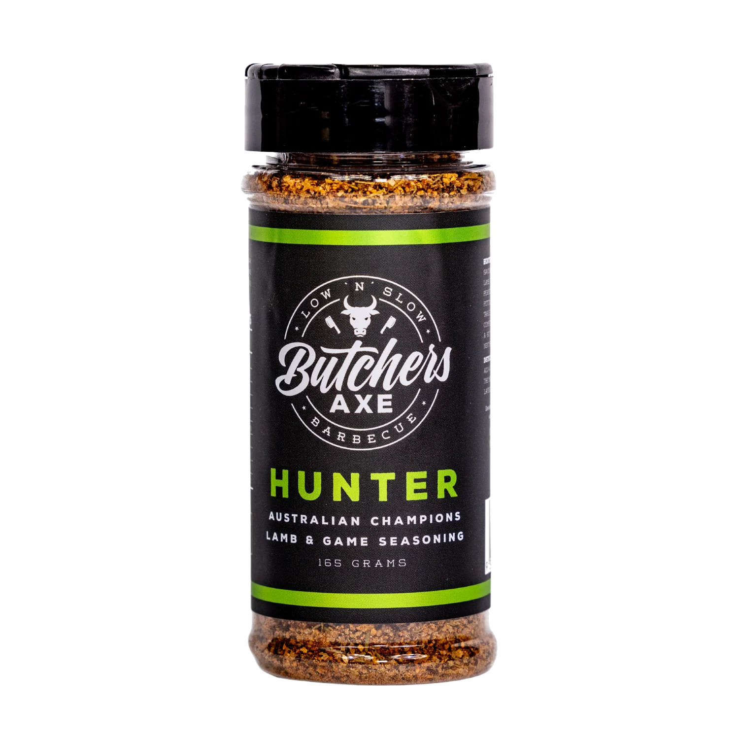 Butchers Axe Hunter Lamb and Game Rub 165g shaker, front label, product only on transparent background