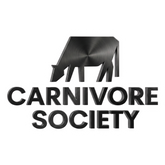 Carnivore Society brand logo, dark brushed-metal grazing cattle emblem above the wordmark, on transparent background