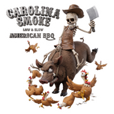 Carolina Smoke barbecue brand logo, skeleton pitmaster riding a wild boar, Low & Slow American BBQ, on transparent background