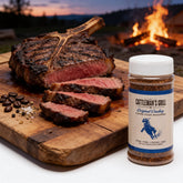 Cattleman's Grill Original Cowboy Coffee Steak Rub 283g — beauty shot, glistening coffee-crusted ribeye rested and sliced, plated on a wooden board