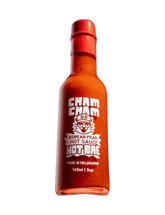 ChamCham Hot Bae 148ml Korean pear hot sauce — front of bottle on transparent background