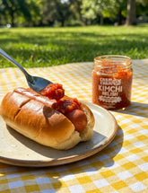 ChamCham Kimchi Relish piled on a hot dog