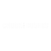 Chuck Hughes condiment brand logo, CHUCK HUGHES wordmark with crab emblem and MTL 1976, white on transparent background