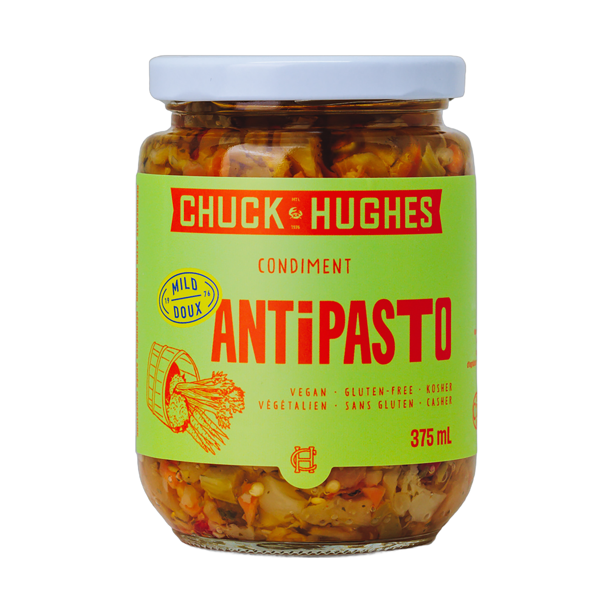 Chuck Hughes Mild Antipasto 375ml antipasto condiment — front of jar on transparent background