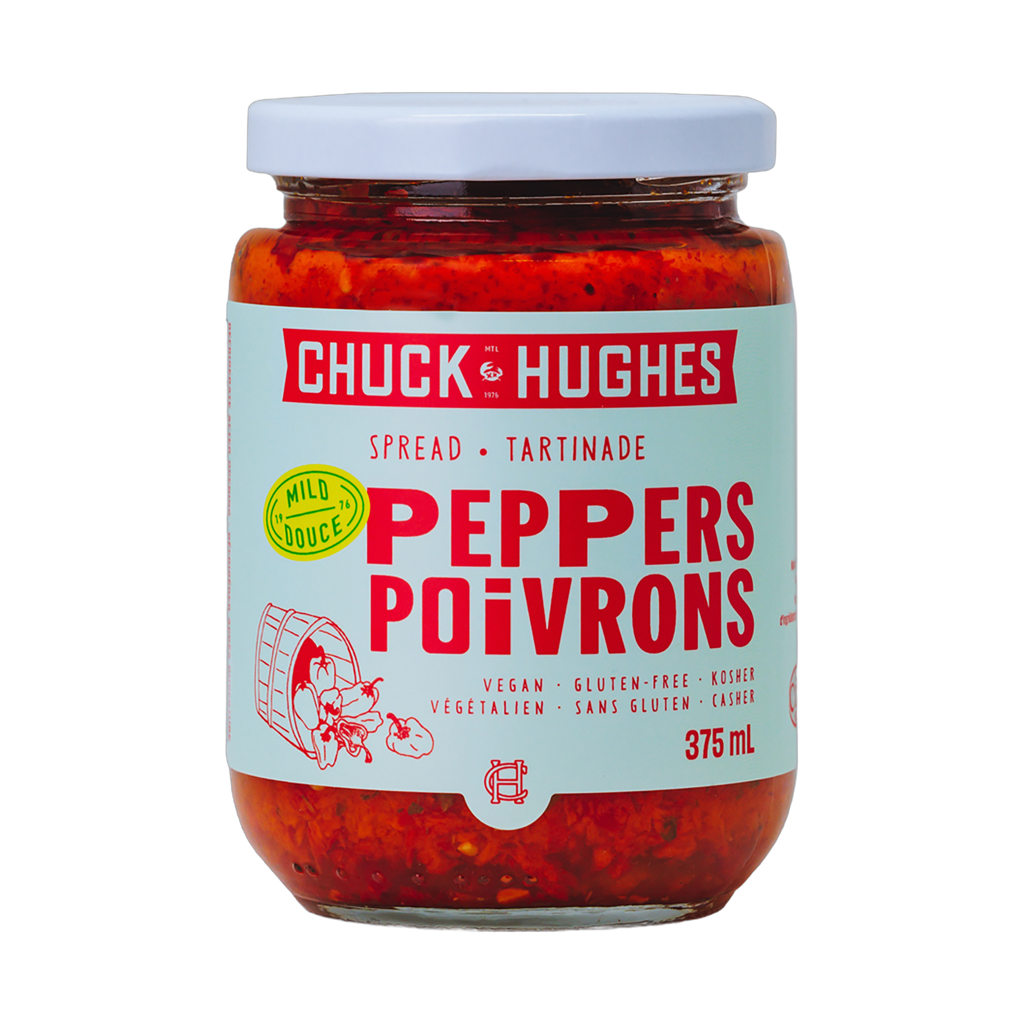Chuck Hughes Mild Pepper Spread 375ml roasted pepper spread — front of jar on transparent background