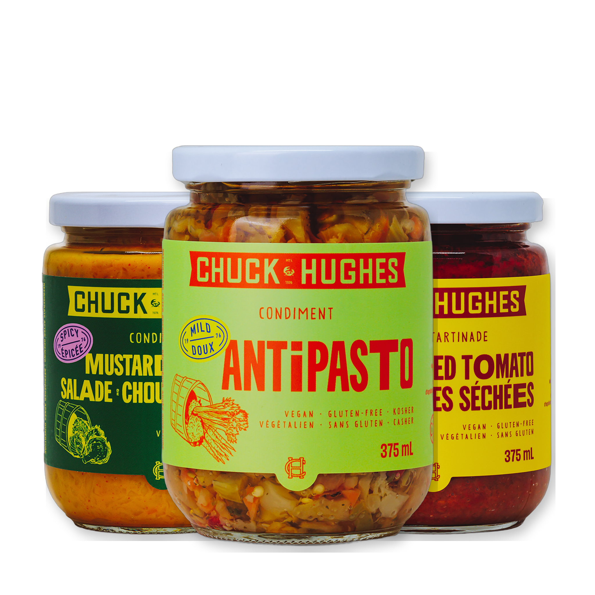 Chuck Hughes trio – pick any 3 jars: Spicy Mustard Coleslaw, Mild Antipasto and Mild Sun-Dried Tomato Spread